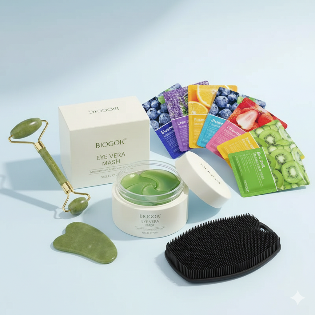 Complete Self-Care Bundle - Jade Roller, Eye Masks, Face Masks & Bath Brush